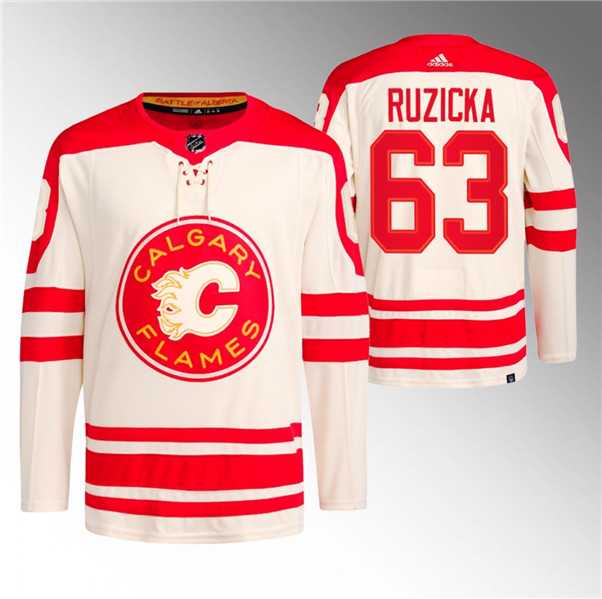 Mens Calgary Flames #63 Adam Ruzicka 2023 Cream Classic Primegreen Stitched Jersey Dzhi